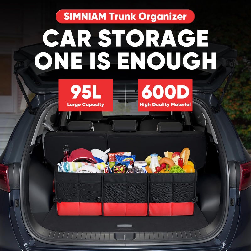 Simniam Large Trunk Organizer for Car, Collapsible Multi Compartment Car Trunk Organizer with 2 Retractable Straps, Suitable for All Kinds of Cars, SUV, Minivan - 4 Compartments Red - Image 2